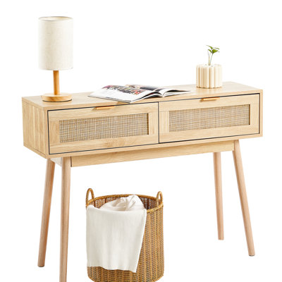 Table naturelle avec 2 tiroirs de rangement et porte coulissante, multifonctionnelle pour les tiroirs de salon d'entrée, mur de télévision approprié