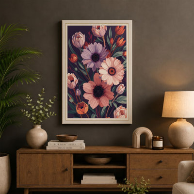 Coral Blooms in Darkness Botanical - Wrapped Canvas