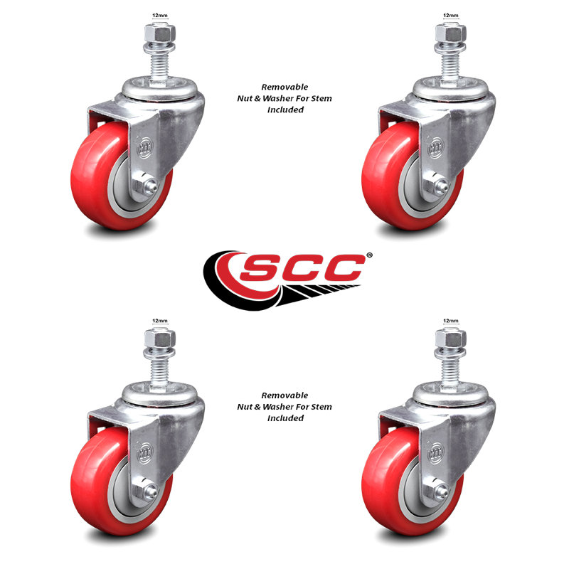 Ensemble de roulettes à tige filetée 3 pouces en polyuréthane pivotant 12 mm SCC, Rouge
