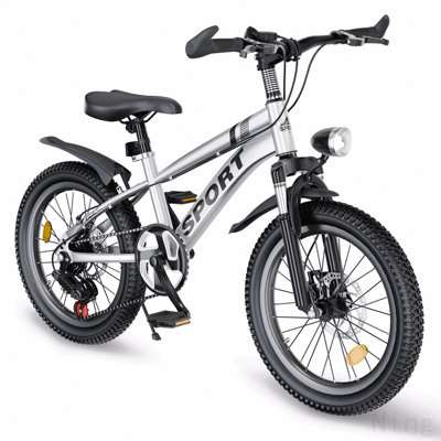 Vélo de montagne 20 pouces pour enfants de 7 à 12 ans - vitesses à 7 vitesses, freins à disque doubles, fourche avant à amortisseur, lumière DEL - argent et rose