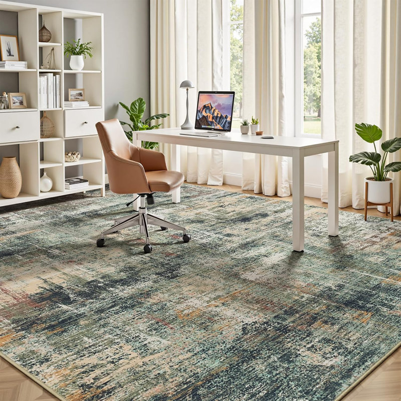 Tapis moderne neutre lavable de 2,74 m x 3,66 m, à motifs abstraits, couleur avoine/taupe/vert olive doux
