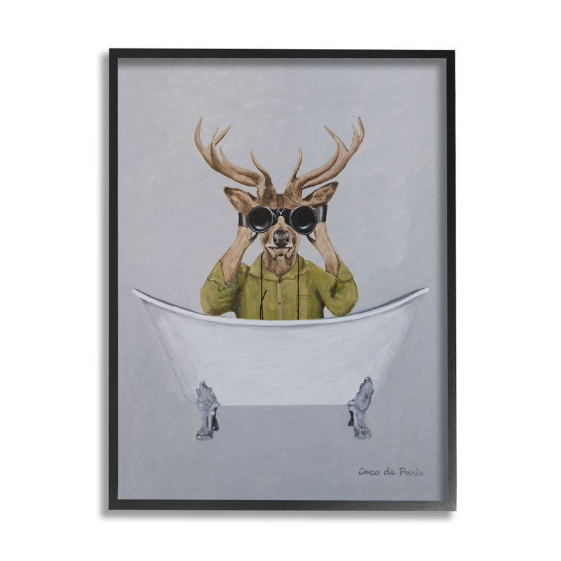 «Camping Deer Binoculars Vintage Bathaign Illustration» par Coco de Paris - Peinture, H 20 po x l 16 po x P 1,5 po