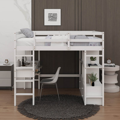 Lit mezzanine double avec bureau, tablettes et tiroirs de rangement