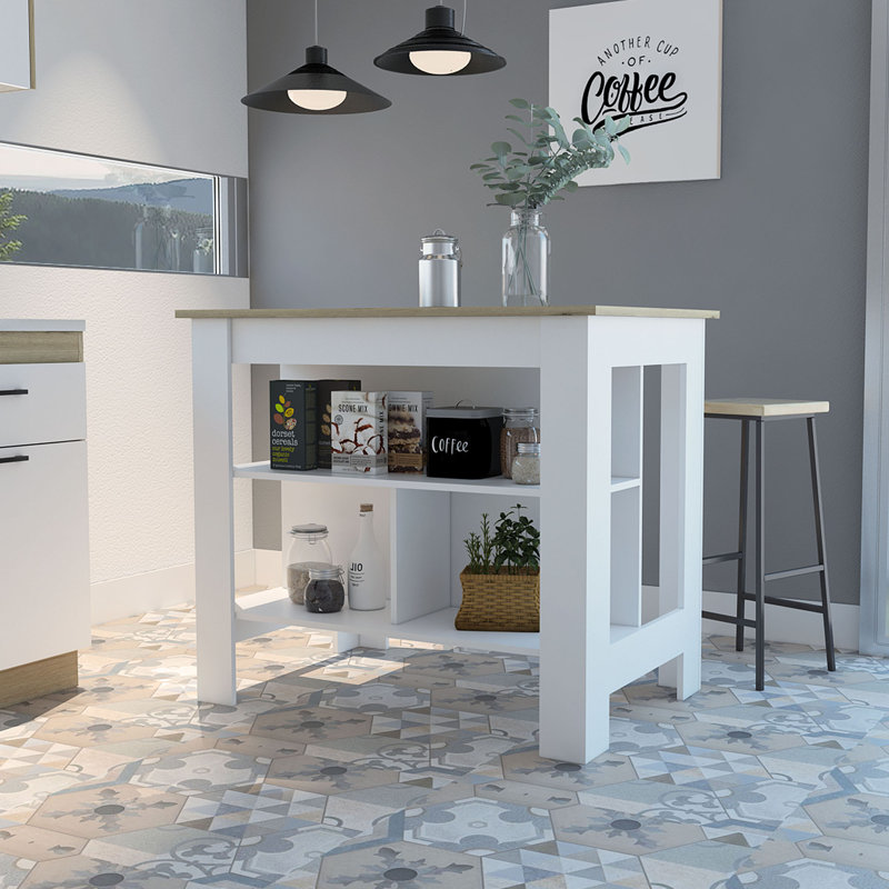 Îlot de cuisine avec table de préparation spacieuse, 3 tablettes de rangement ouvertes, 4 pieds robustes et poste de travail de préparation au repas pour une table d'îlot de cuisine moderne, fonctionnelle et organisée