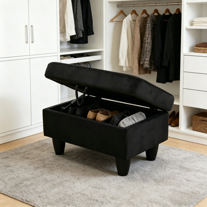 Repose-pieds rectangulaire multifonctionnel avec repose-pieds et rangement caché, Velours noir