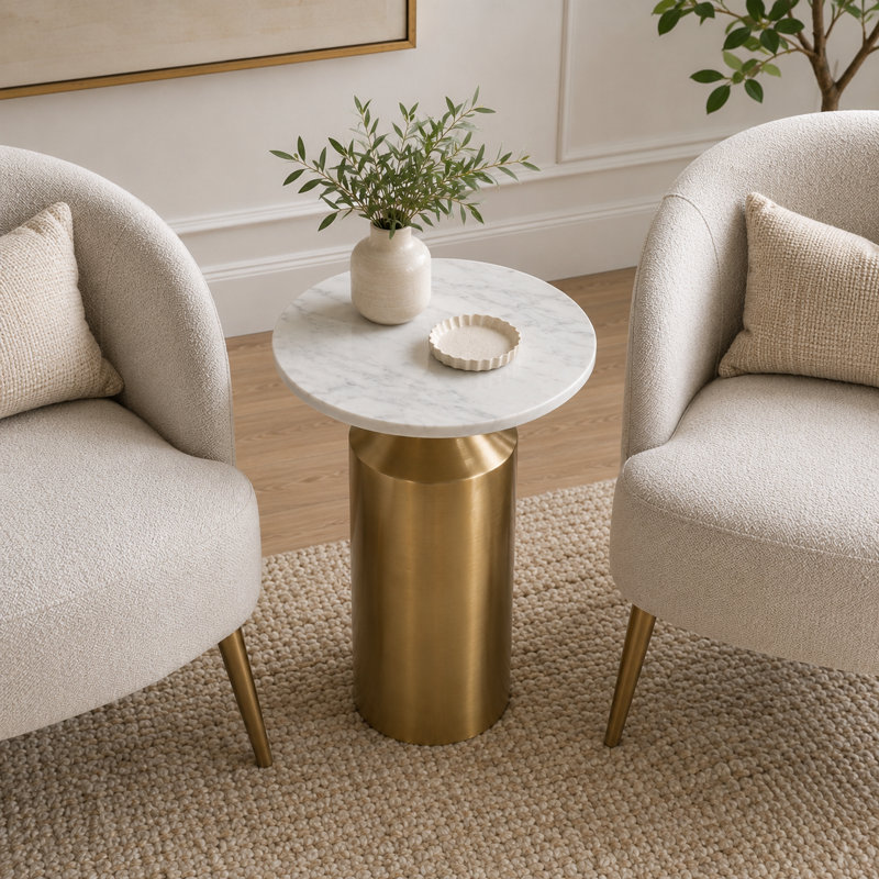 Contemporary Round Marble Top Accent Side with Metal Base Pedestal for Chairside - Modern Narrow End Table for Living Room Seating - 22", Gold & White