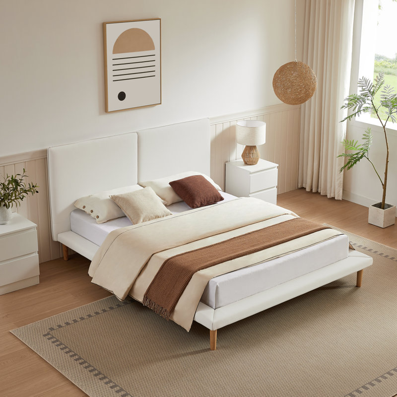 Willma Upholstered Scalloped Low Profile Platform Bed with Wider Headboard, Queen