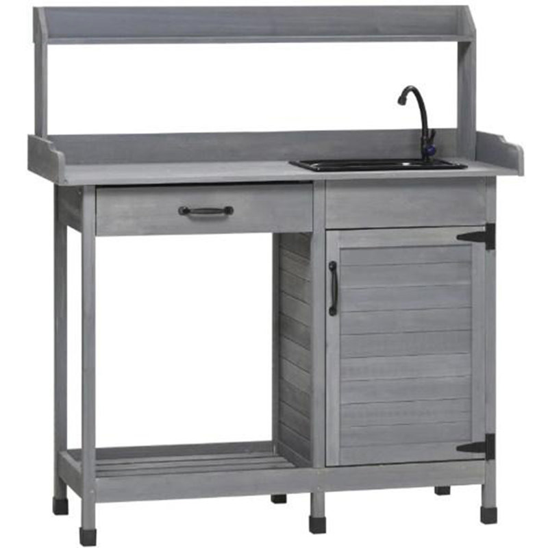 Banc de travail extérieur, table de rempotage avec évier, avec armoire de rangement, crochets, évier amovible, robinet et tiroir