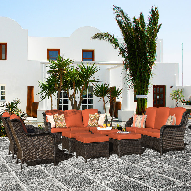 Lovall Premium All-Weather Wicker 8 - Person Patio Conversation Set with Cushions, Orange Red
