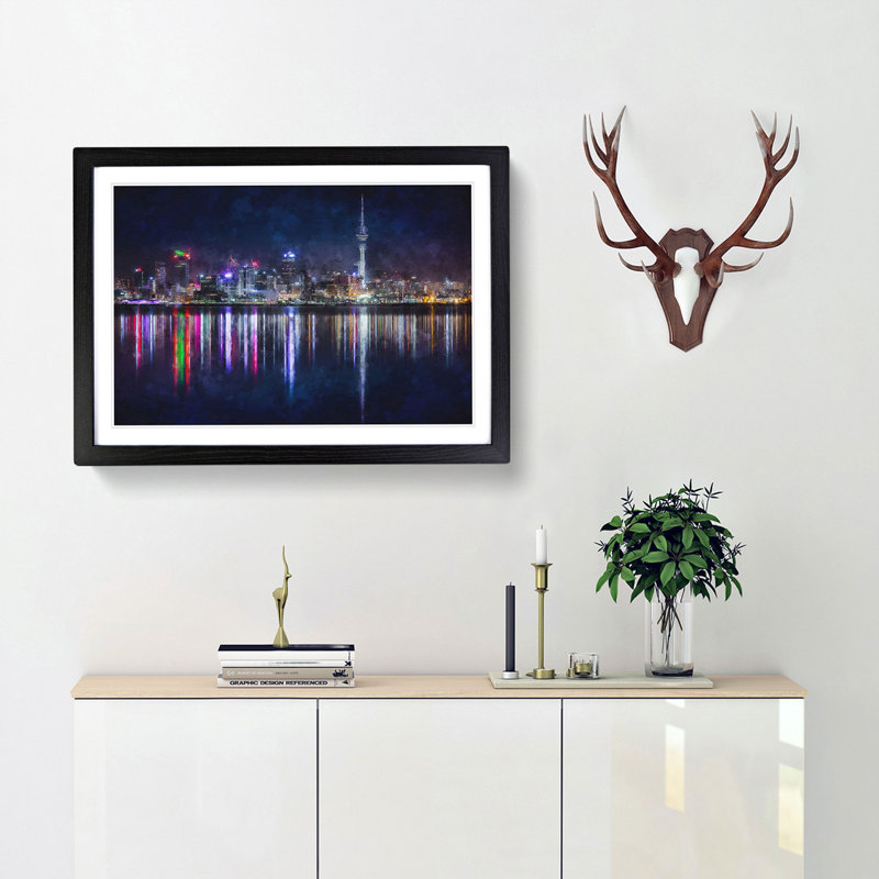 Reflections of the Auckland Skyline - Picture Frame Painting Print, Black Framed, 33cm H x 45cm W x 2cm D