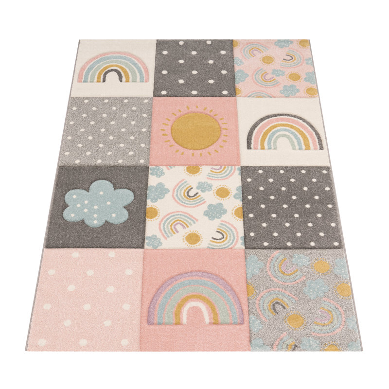 Calvo Kids Rainbow Clouds Power Loom Pink/Grey/Beige Rug, Rectangle 160 x 230cm