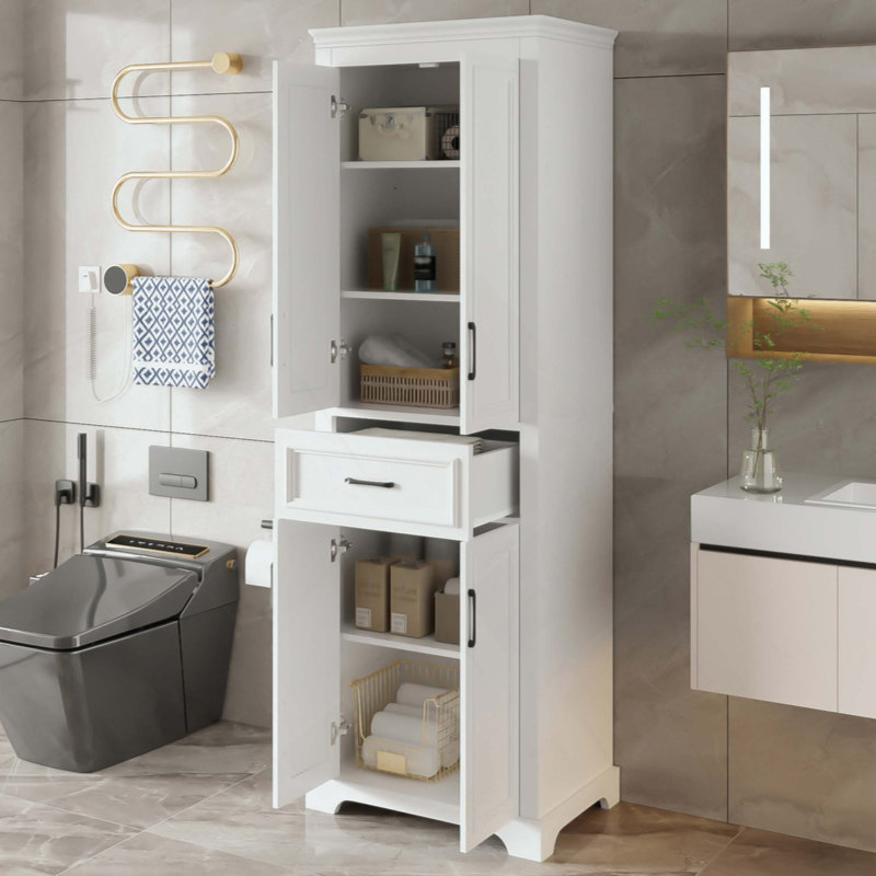 Meuble-lavabo autoportant, conception élégante et moderne, 4 portes et 1 tiroir, rangement peu encombrant avec tablettes réglables, portes à charnières amortissantes, finition peinte durable