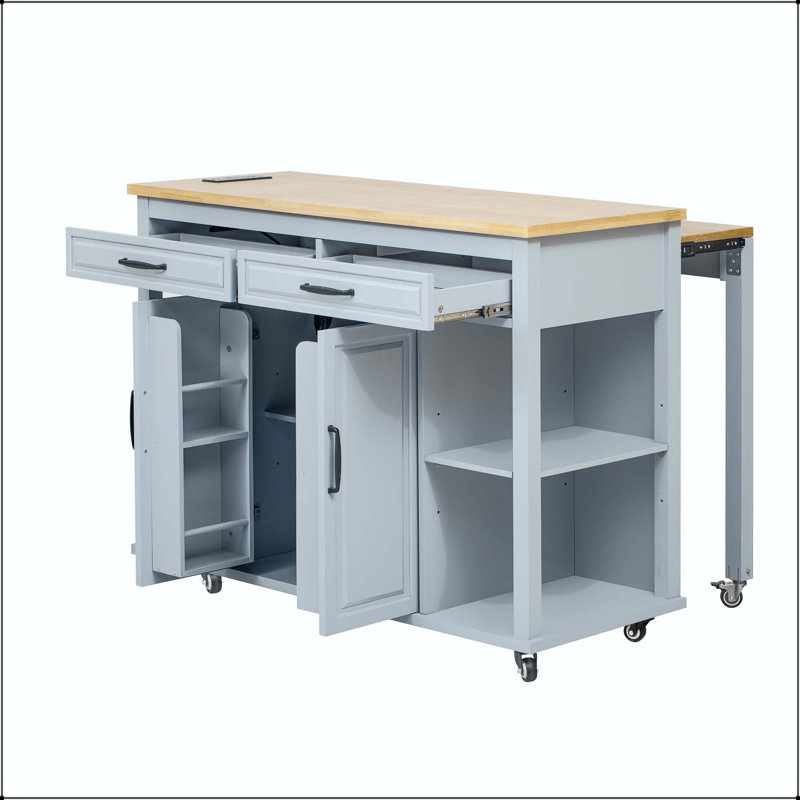 Îlot de cuisine 47 po avec table de salle à manger extensible, supports internes et prise de courant - gris-bleu, Grey+Blue