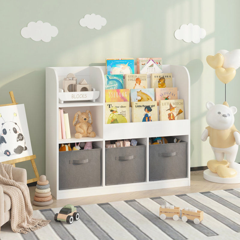 Bibliothèque pour enfants avec 3 tiroirs en tissu, rangement pour jouets, blanc / gris