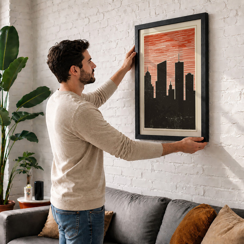 Urban Sunset Skyline Modern - Framed Print, A4 - 29.7 x 21.0 cm, White