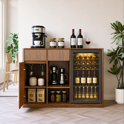 51" Fluted Bar Cabinet with Fridge Space (Fridge Not Included), Modern Coffee Station with Charging Hub & Wine Glass Rack, Buffet Sideboard for Home Beverage & Liquor Storage