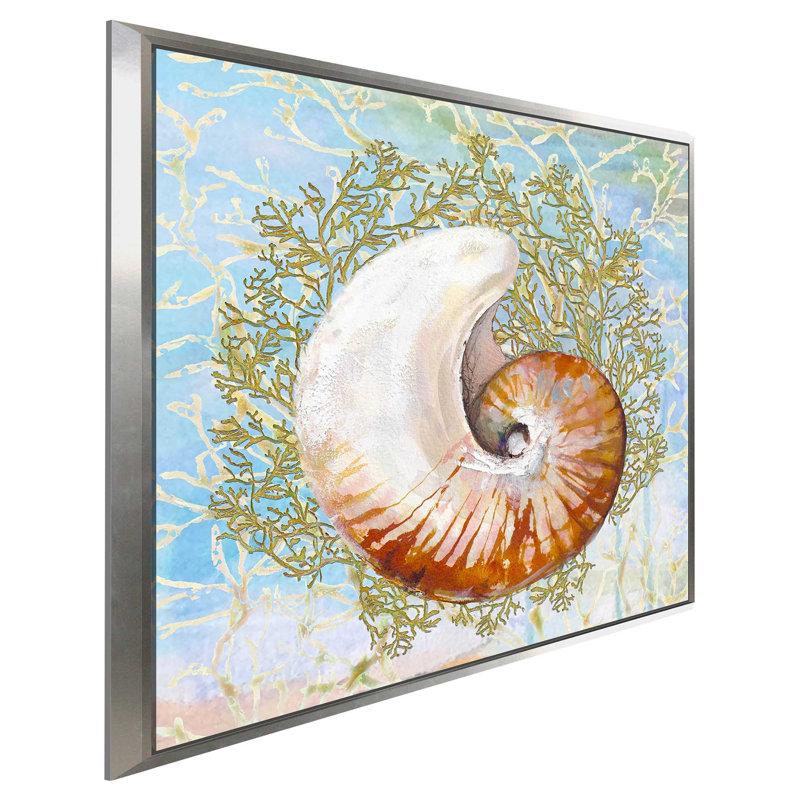 «Shell Medley I», reproduction de peinture acrylique, H 21,5 po x l 21,5 po x P 2 po, Cadre flottant argent
