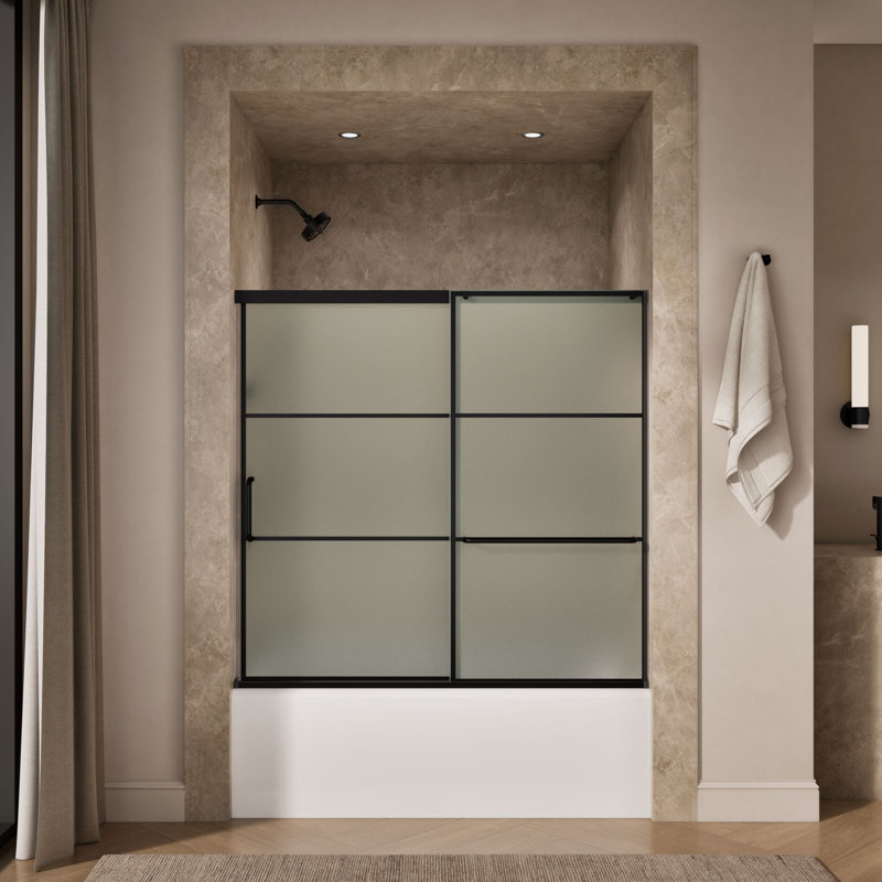 Elate Sliding Bath Door, 56-3/4-In H X 56-1/4 - 59-5/8-In W, With 1/4-In Thick Frosted Glass With Rectangular Grille Pattern