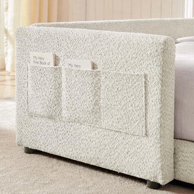 Upholstered Platform Bed Rabbit Ear Headboard Safety Rail Pocket