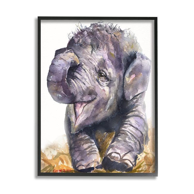 Bébé éléphant baillant adorable portrait d'un animal de safari, H 30 po x l 24 po, Giclée encadrée noir minuit