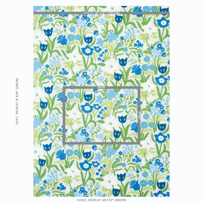 Crewel Garden Fabric, Blue/ Medium Blue/ White