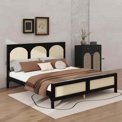 King Size Wood Platform Bed With Rattan Headboard And Footboard