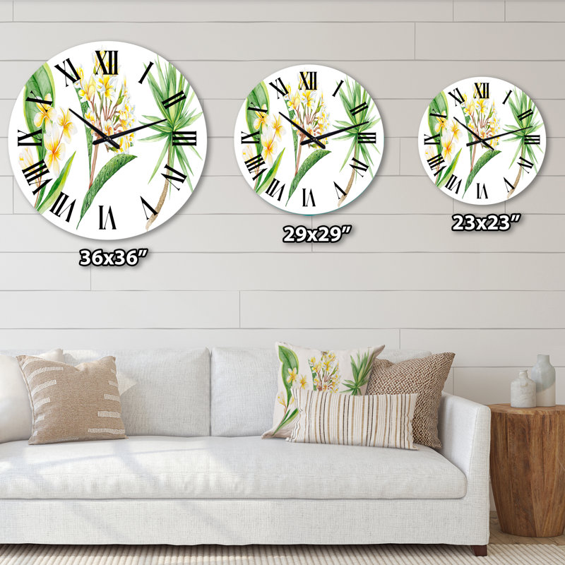 Feuillage tropical et fleurs jaunes - horloge murale traditionnelle, Moyenne