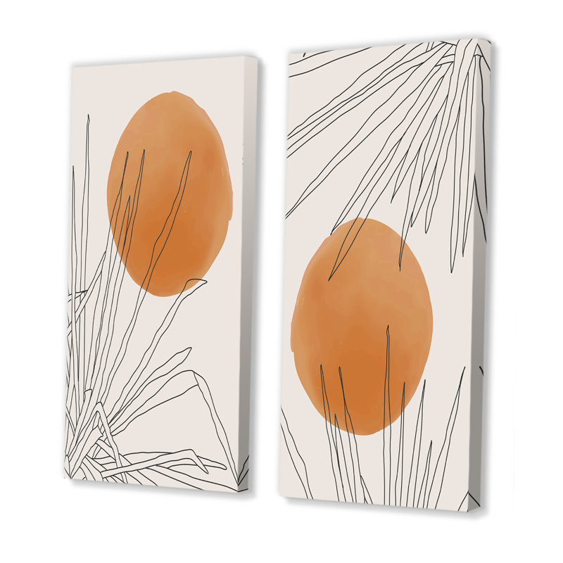 Branche botanique orange avec feuilles I - ensemble de 2 peintures, H 20 po x l 24 po x P 1 po, Toile tendue