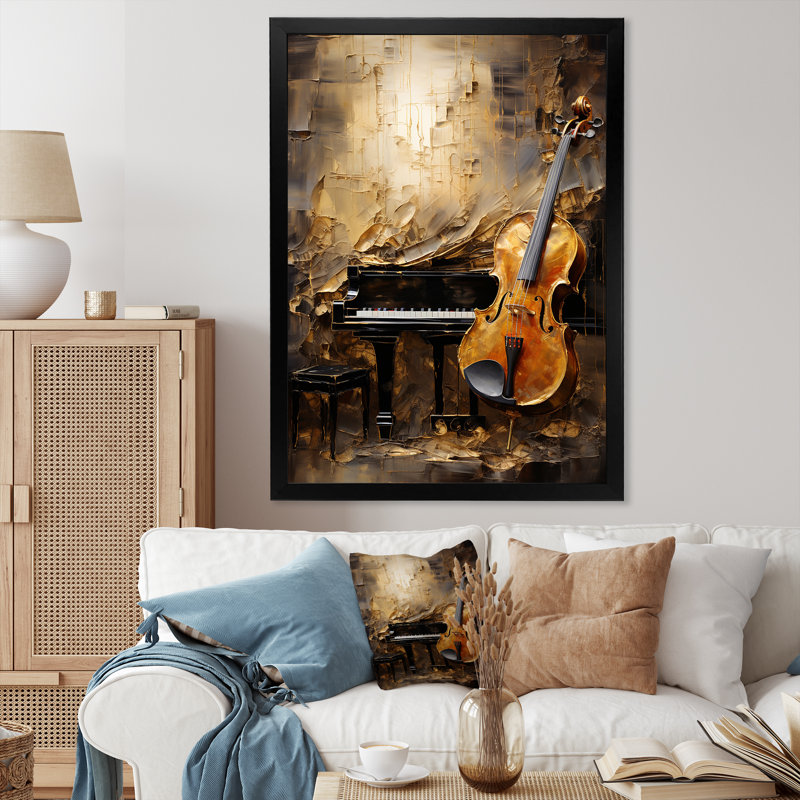 Vintage Violin And Piano Harmony - Music Wall Art Prints, Black Picture Frame, 32" H x 16" W x 1" D