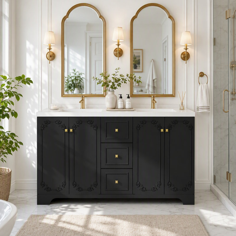 Meuble-lavabo double de 60 po avec lavabo en résine, Noir