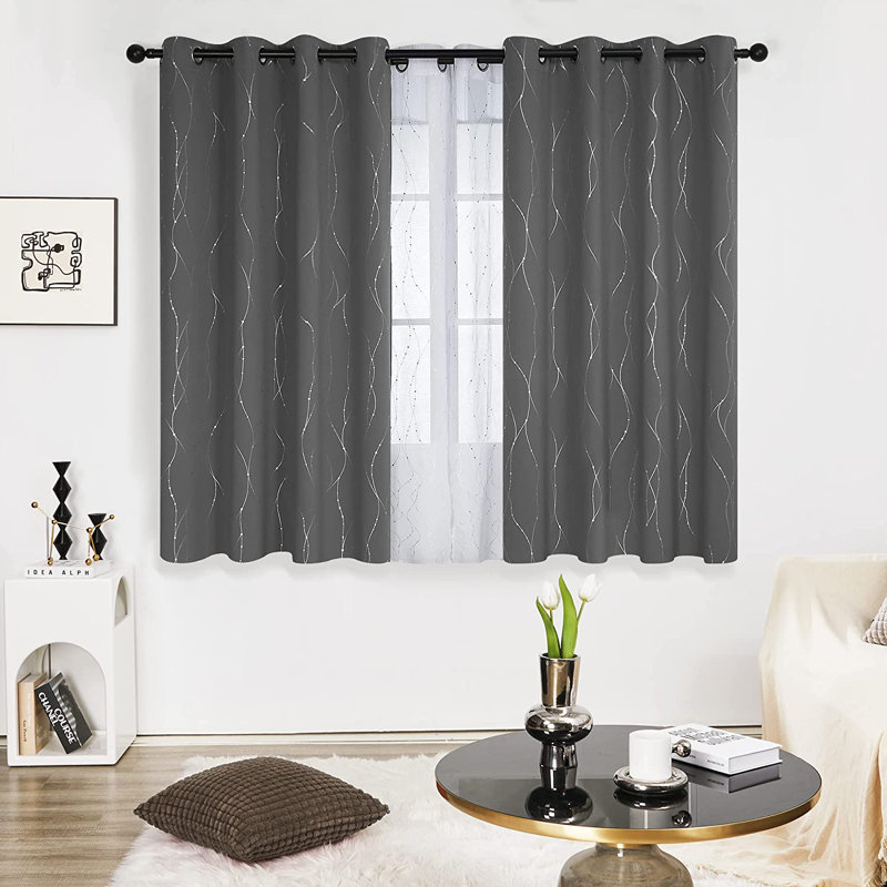 Senath Dotted Line Foil Printed Room Darkening Thermal Curtains, Light Grey, 130cm W x 183cm D
