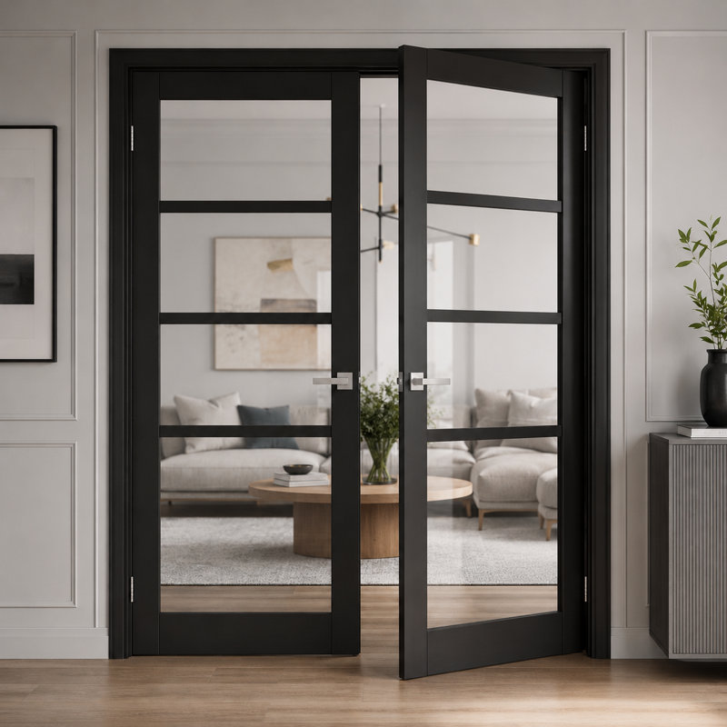 Portes doubles françaises massives Quadro 4522 Noir mat avec vitrage clair, cadre en bois massif, portes robustes pour placard ou chambre à coucher, 56 x 80 (2 x 28 x 80)