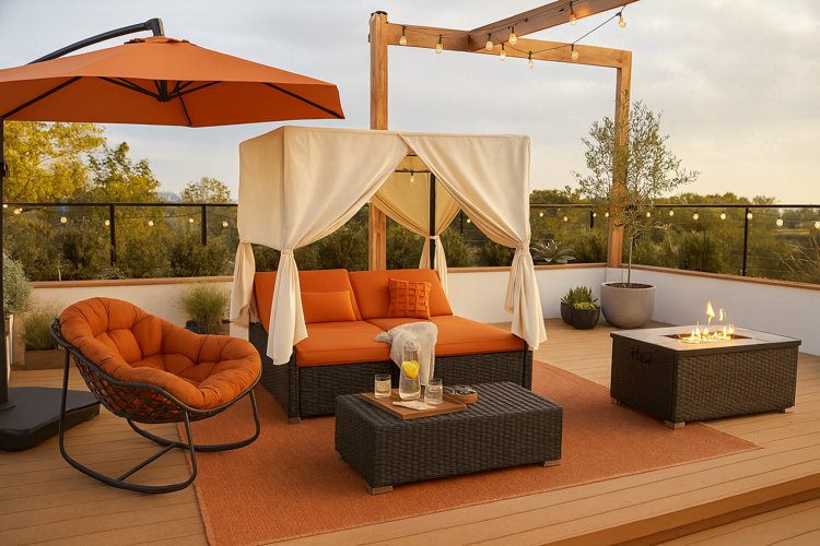 A modern outdoor patio set on a wooden deck featuring a warm orange color theme. In the center, a dark wicker cabana daybed with vibrant orange cushions and draped cream fabric curtains rests on a large terracotta area rug.