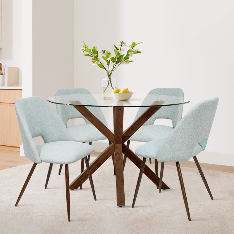 Aunnika 5-Piece Round Dining Set with Tempered Glass Table, Turquoise
