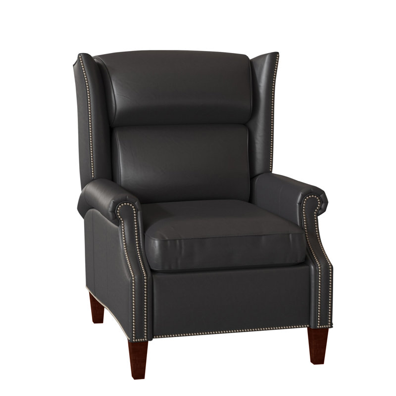 Broderick Recliner, #9 Nickel, Outsider Raven Genuine Leather, Mahogany