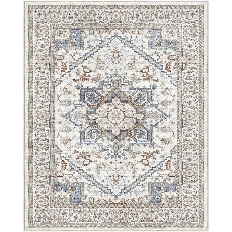 Tapis lavable en faux cachemire neutre , Rectangulaire 3 pi x 5 pi