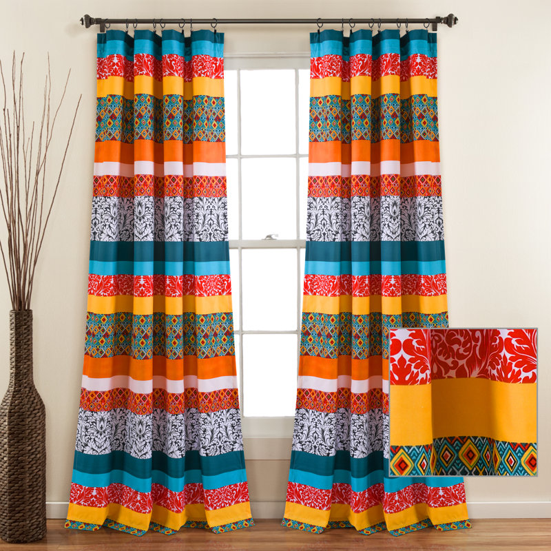 Boho Stripe Turquoise and Orange Polyester Window Curtain Panels
