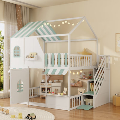 Quincy House Bunk Bed with Storage Staircase, Shelves & Playhouse Roof
