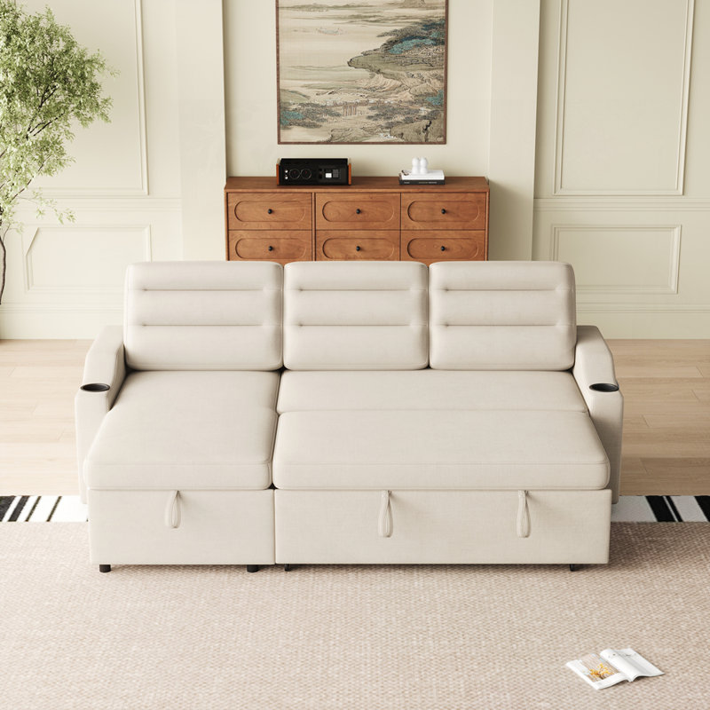 Canapé convertible polyvalent avec rangement et porte-gobelet pour le salon, Beige