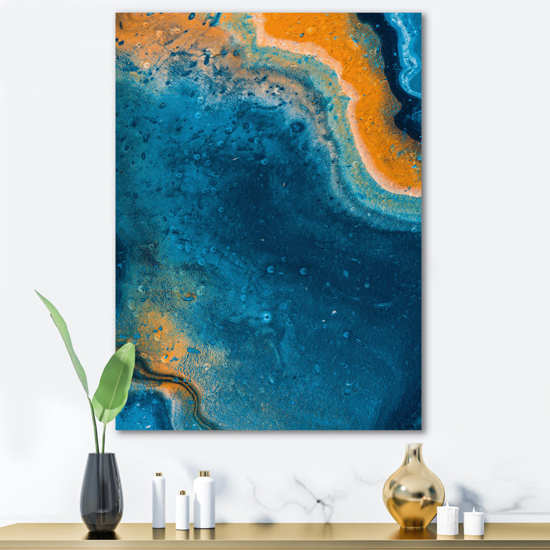 Composition abstraite de marbre en bleu et orange V - peinture sur toile, Toile tendue, H 40 po x l 30 po x 1,5 po