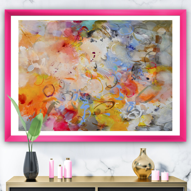 «Blue and Yellow Color Whirls», reproduction d'art sur toile encadrée, H 36 po x l 46 po x P 1,5 po, Encadré rose