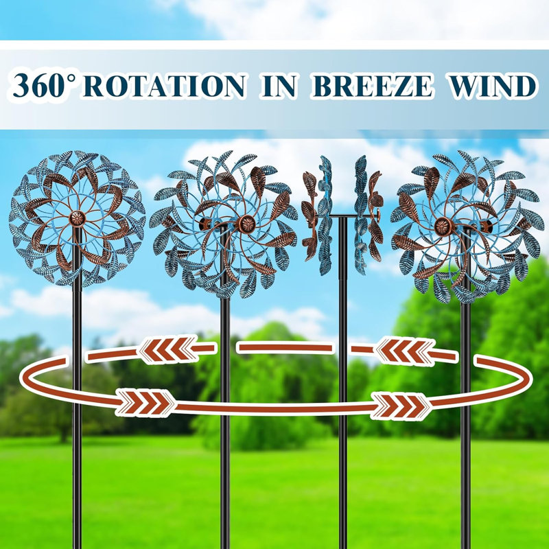 Double tour de vent à double couche, sculpture de vent rotative en métal à 360 ° avec motif de feuilles, décoration de jardin imperméable pour le patio, la pelouse et la cour