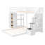 Lit superposé simple au dessus d'un lit double avec tablettes à 3 niveaux, tiroirs et escalier de rangement, blanc