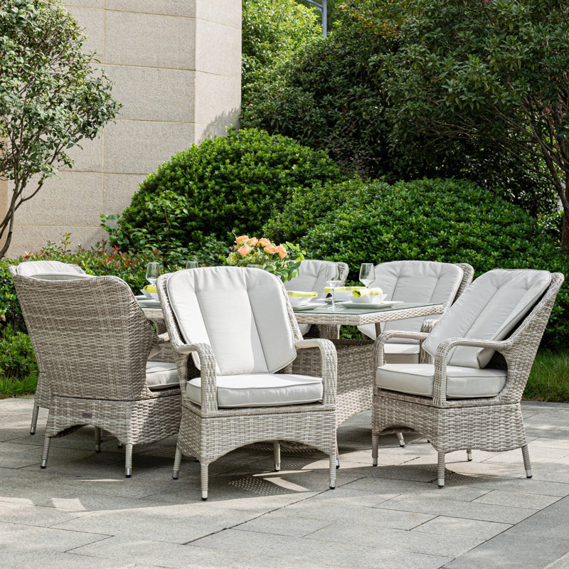 Ensemble de salle à manger de patio en osier pour 6 personnes avec table rectangulaire Polly, coussins inclus