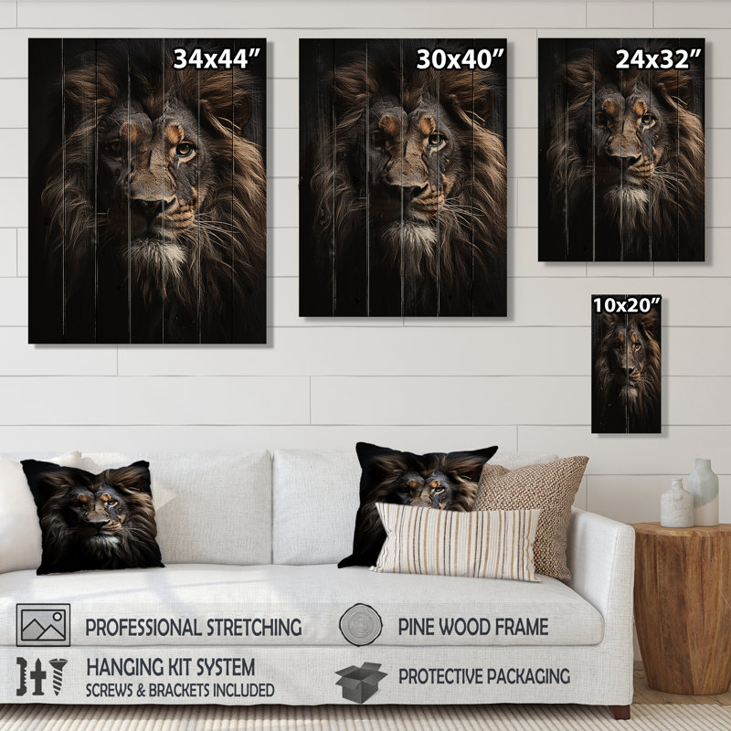 Portrait de lion noir et blanc vibrant II sur bois, H 20 po x l 10 po x P 0,78 po