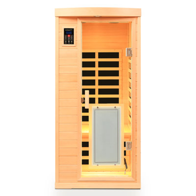 Chauffage infrarouge lointain pour une personne, basse consommation, construction en bois de pruche, 8 panneaux chauffants, audio, écran, commande tactile, gestion de la température ambiante et minuterie