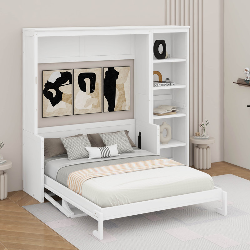 Lit escamotable double avec bureau et bibliothèque, Blanc, Double