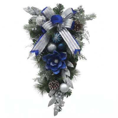 24" Pre-Lit Christmas Teardrop Swag, Swag Wreath for Front Door with 20 LED Lights & Timer, Blue Silver Ball Ornaments and Bow, Lighted Christmas Door Hanger