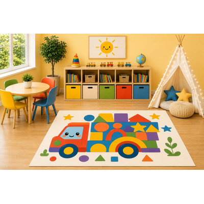 "Ultra Lightweight" 5' x 7' Construction Truck Area Rug, Educational Shapes and Colors Learning Play Mat with Cute Building Blocks for Kids Bedroom Nursery Playroom, Non-Slip Silicone Backing Low Pile