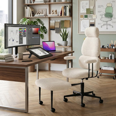 Ergonomic Office Chair 360° Swivel Task Chair With Swivel-Aside Ottoman And Lumbar Support High Back For Home Office